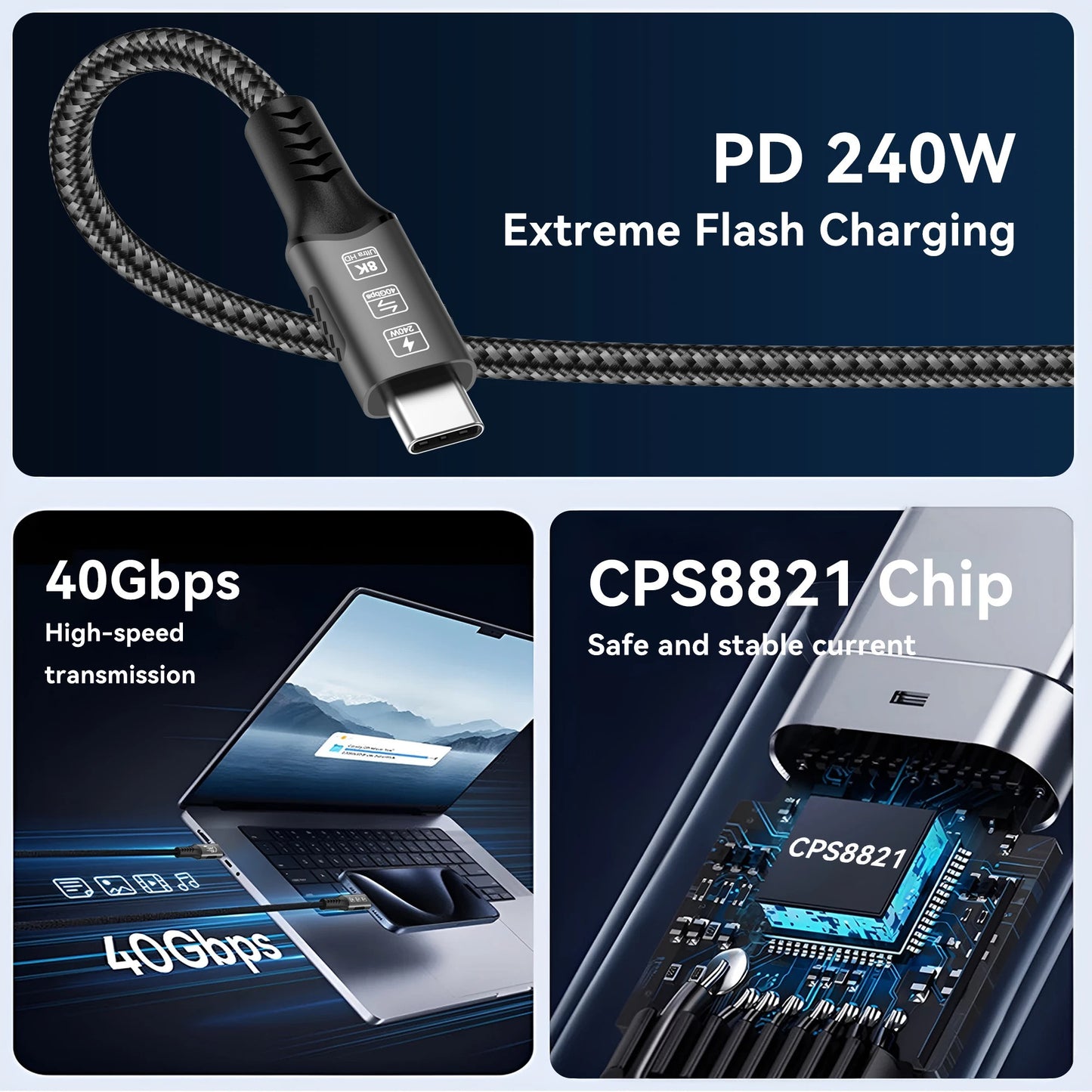 Thunderbolt 4 / USB4 Kabel – 40Gbps | 240W PD3.1 Schnellladen | 8K Video | 1m