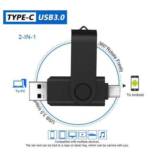 64 GB 2‑in‑1 USB‑C & USB‑A 3.0 High‑Speed Flash‑Drive – 360° drehbar, Schwarz